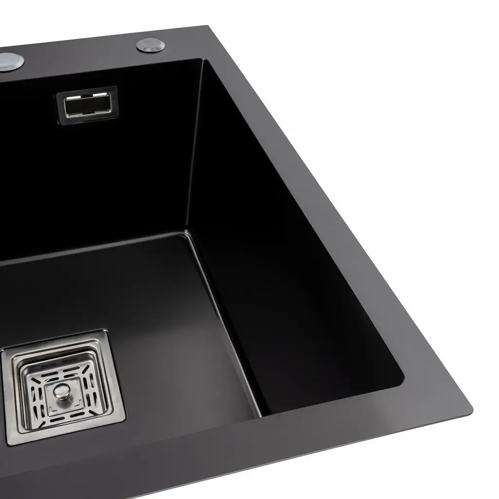 Кухонная мойка черная Platinum PVD Handmade 65x50 R(квадратный сифон 3,0/1), Черный - фото 3