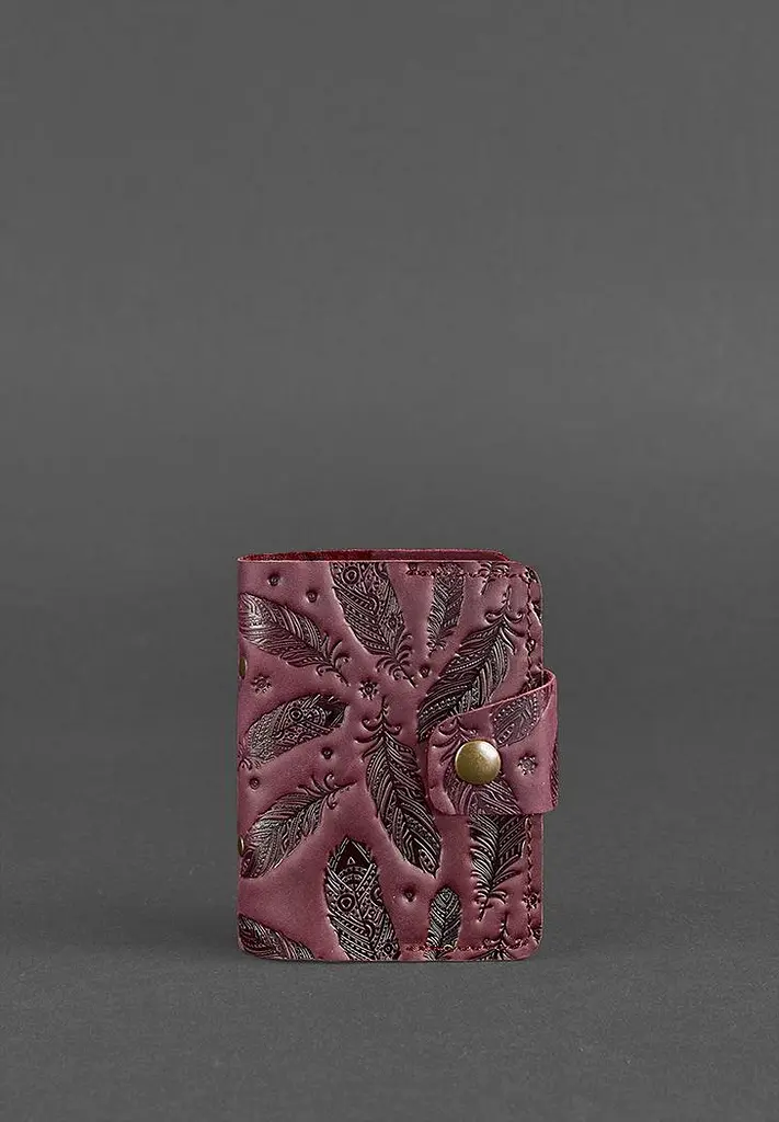 Жіночий шкіряний кард-кейс 7.1 (Книжечка) бордовий з пір'ям - фото 2