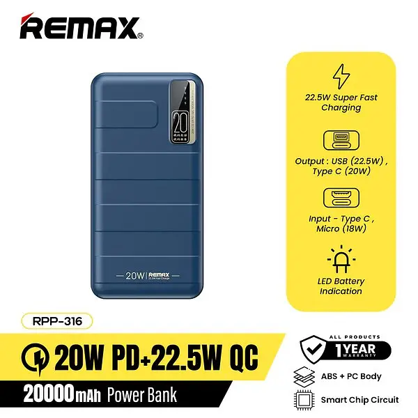 Портативная универсальная батарея - аккумулятор REMAX RPP-316 Noah Series 20000 мАч синий - фото 6