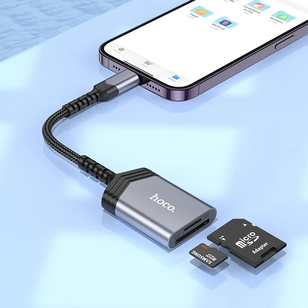 Адаптер перехідник Hoco UA25 2 в 1 card reader Lightning сірий - фото 2