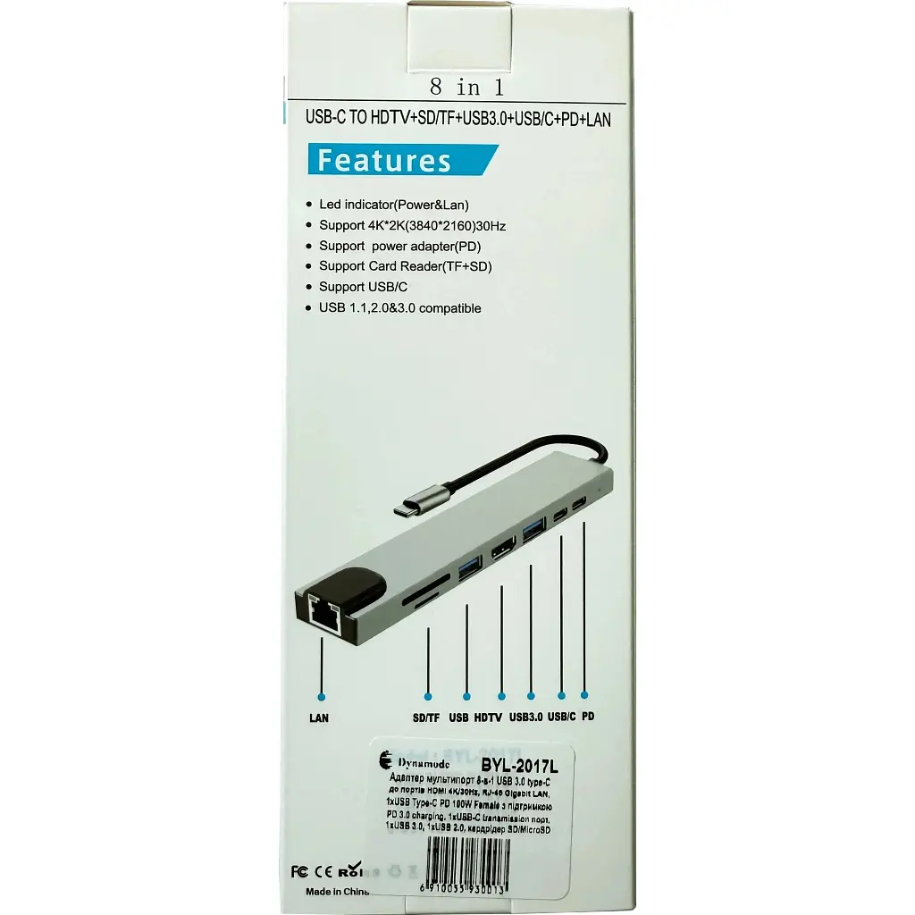 Концентратор Dynamode USB-C 8-in-1 HDMI 4K30Hz + 1xRJ45 + 1xUSB 3.0 + 1xUSB 2.0 + 1xUSB-C PD (BYL-2017L) - фото 9