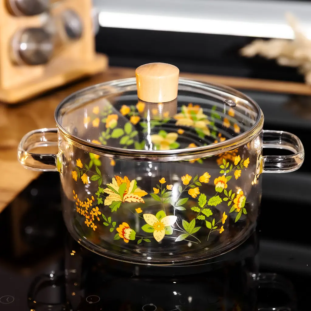 Каструля з боросилікатного скла 1.8 л Wildflowers з кришкою Yiwu HP-GP-38 - фото 2