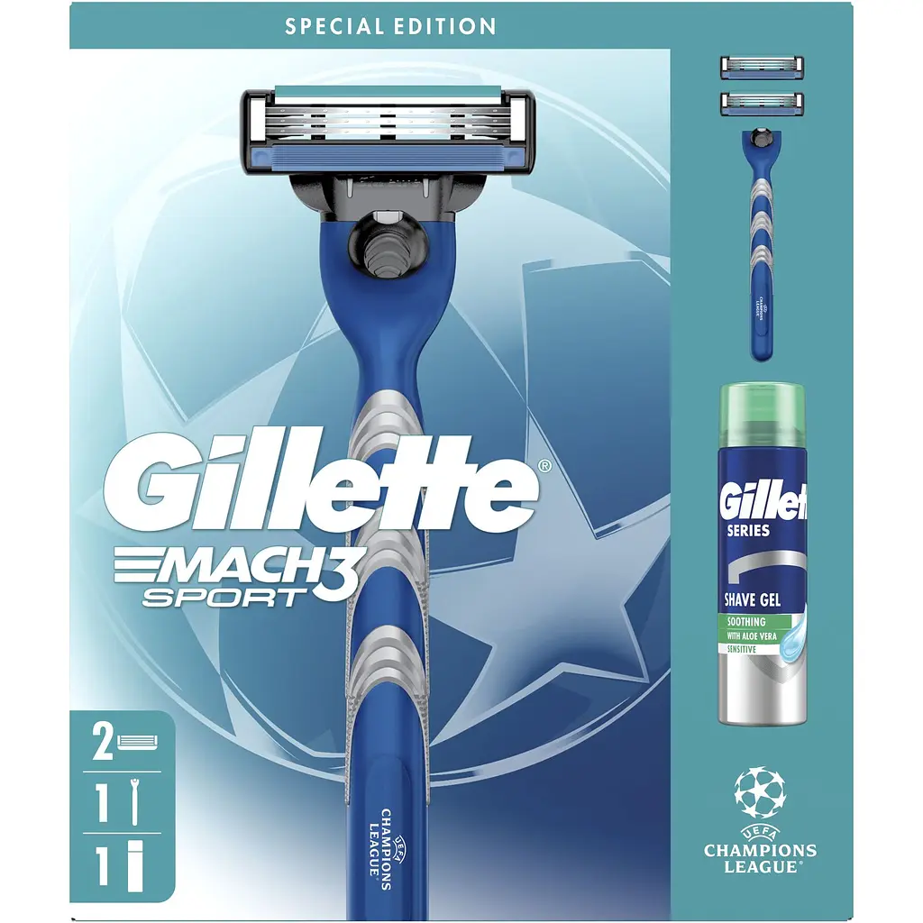 Подарунковий набір Gillette UEFA Champions League Special Edition: станок для гоління чоловічий Gillette Mach3 Sport з 2 змінними картриджами + гель для гоління Gillette Series Sensitive Skin для чутливої шкіри 200 мл - фото 2