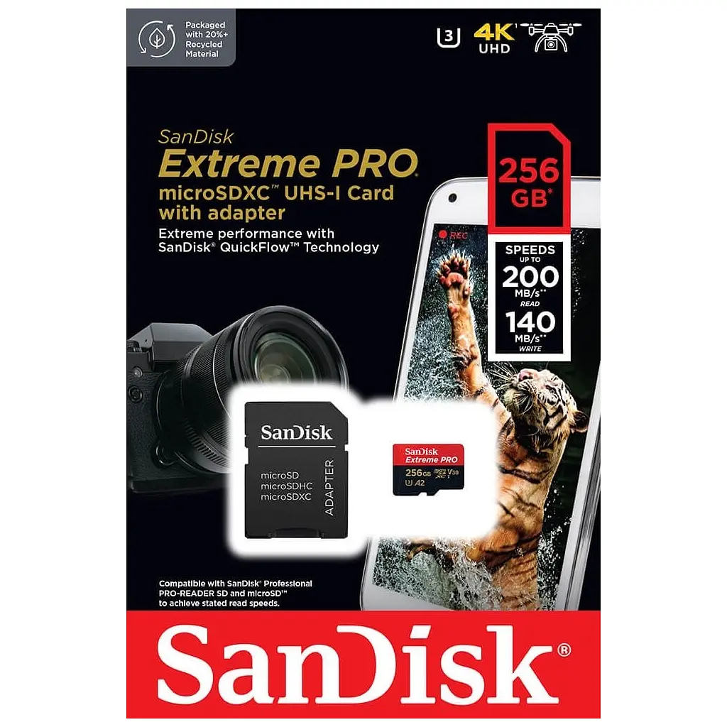Карта пам'яті SanDisk 256 GB microSDXC UHS-I U3 Extreme Pro+SD Adapter (SDSQXCD-256G-GN6MA) - фото 5