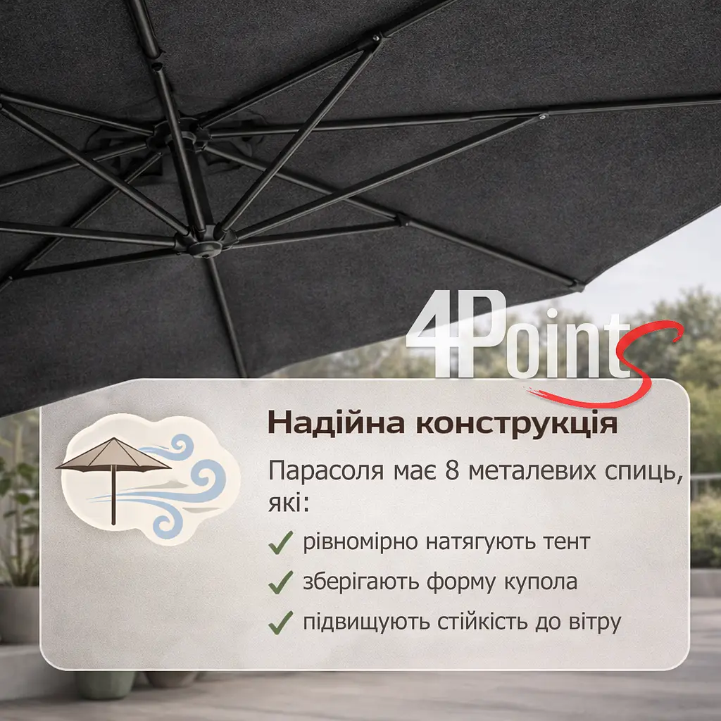 Садова парасоля 4Points Sunny регульована, з нахилом, 3 м, 8 спиць - фото 6