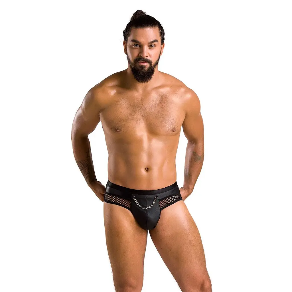 Чоловічі труси з ланцюжком Passion 030 SLIP TOM S/M Black, екошкіра, відкриті сідниці - фото 3