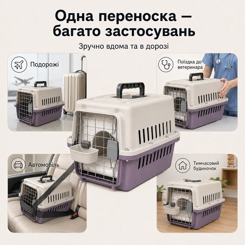 Переноска для котів і собак до 12 кг 48×32×30 - вентильована з комплектом (підвісна миска тавнутрішнім вкладишем) KT8002013 - фото 2