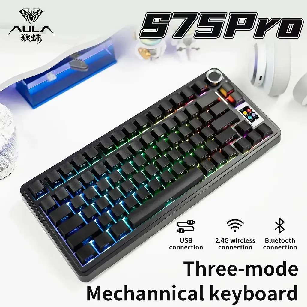 Механічна бездротова клавіатура AULA S75 Pro / 75% / Три режими підключення / Seyia Switch / Black - фото 2