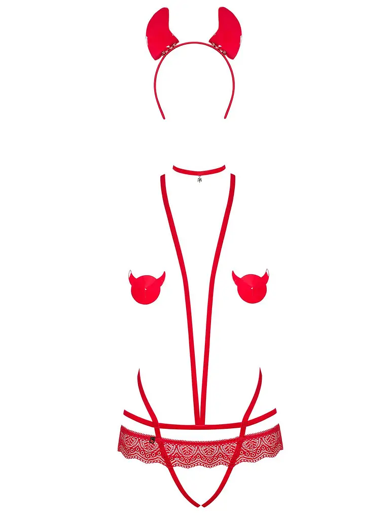 Еротичний костюм чортика зі стреп Obsessive Evilia teddy red L/XL - фото 5
