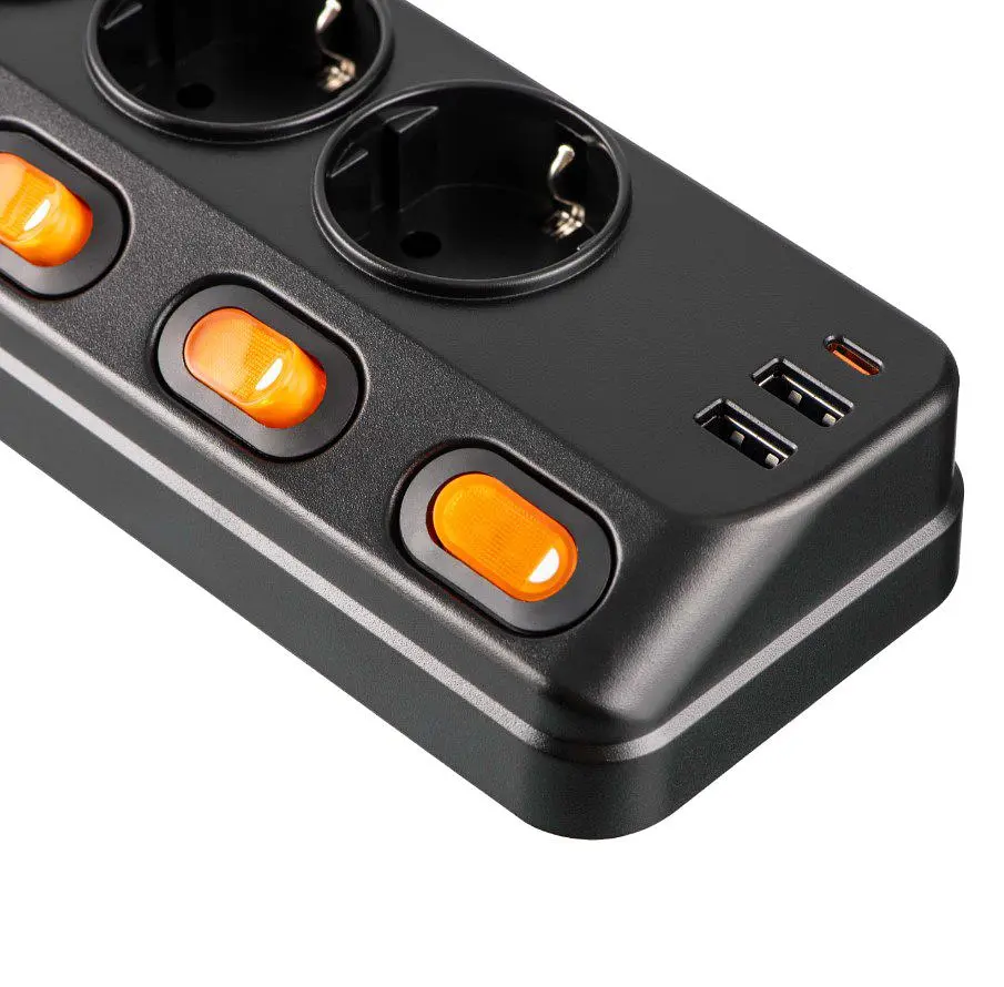 Сетевой фильтр-удлинитель 2E SP-6M-3SW-BK 3 м, 6xТипF, 16A, 2xUSB-A, 1x USB-C - фото 4