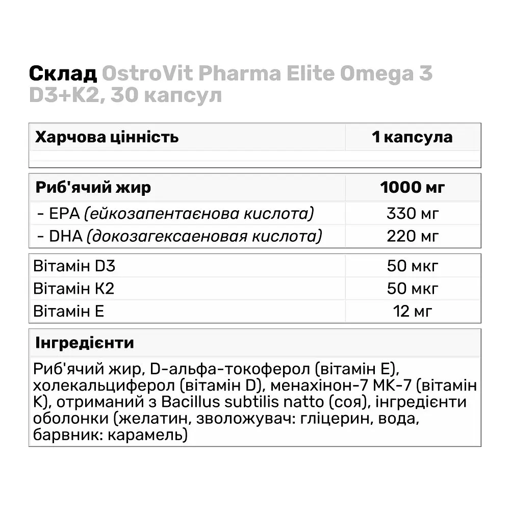 Жирные кислоты OstroVit Pharma Elite Omega 3 D3+K2 30 капсул - фото 3