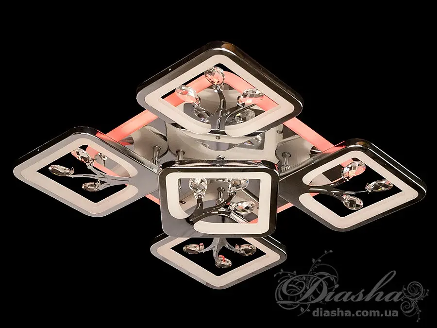 Дизайнерська стельова LED-люстра для вітальні Diasha S8157/4+1HR LED 3color — хром, 90 Вт, 43×43 см