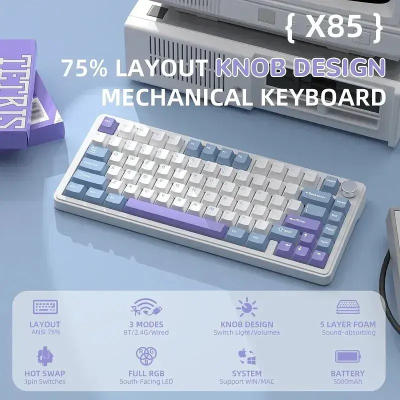 Игровая беспроводная механическая клавиатура ATTACK SHARK X85 / Три режима подключения / White Jade Switch / White - фото 3