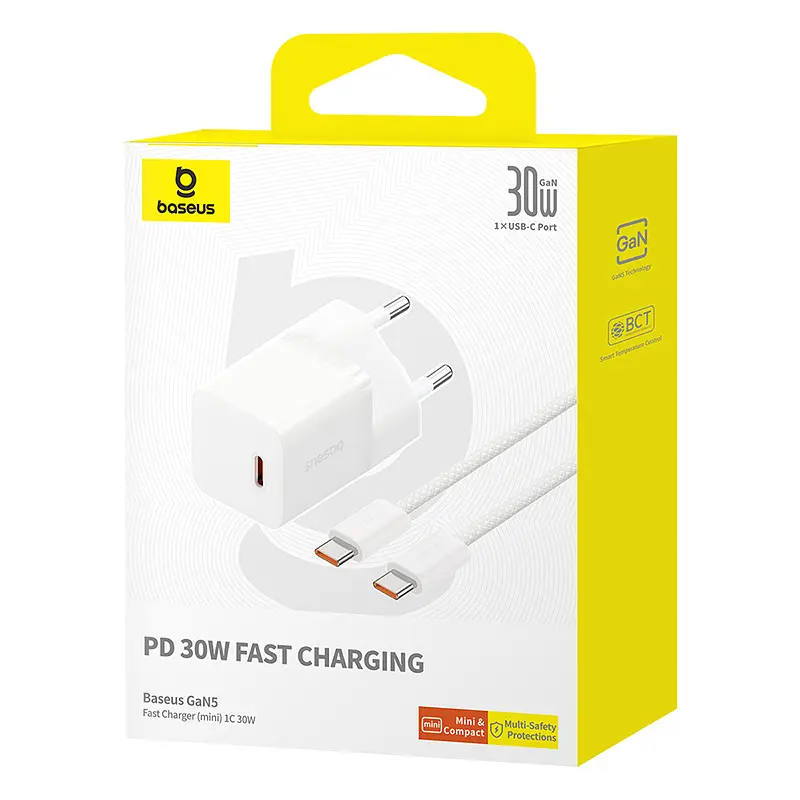 Мережевий зарядний пристрій з кабелем Baseus GaN5 Fast Charger(mini) 1C 30W EU Moon White(With: Fast Charging Data Cable Type-C) (P10110902213-00) - фото 2