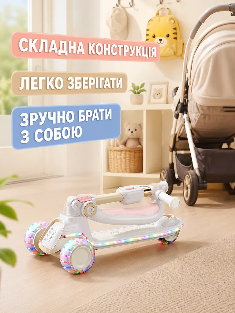 Дитячий самокат триколісний 2в1 білий із сидінням підсвічуванням коліс і музикою (49675958) - фото 5