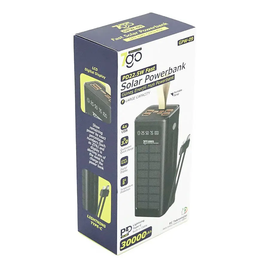 Повербанк Powerbank 7GO G-PW09 30000mAh, SOLAR, 22.5W, Li-pol, TypeC + Lighting, Black - фото 5