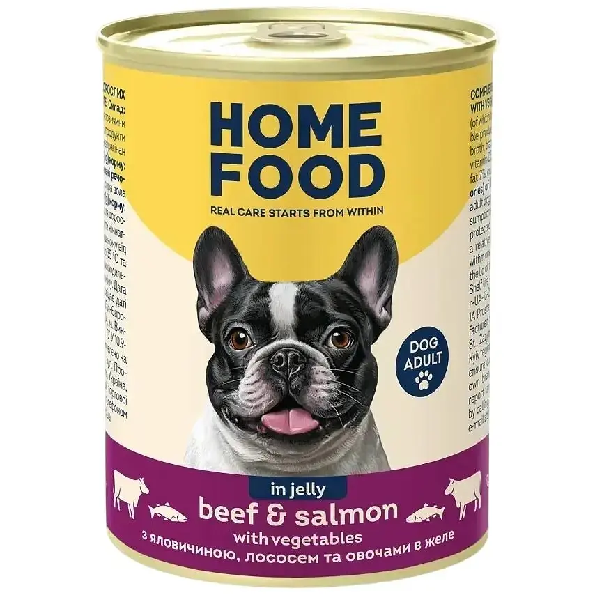 Повнораціонний консервований корм Home Food для дорослих собак з яловичиною, лососем та овочами в желе 360 г