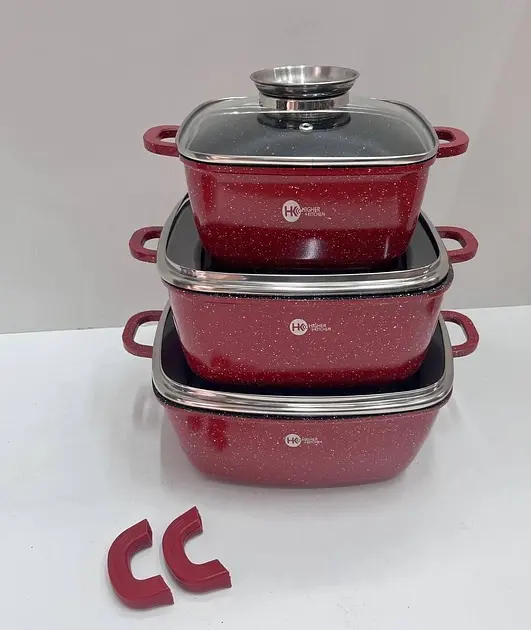 Набір квадратних каструль Higher Kitchen із гранітним покриттям 8 предметів червоний, чорний HK-302 - фото 5
