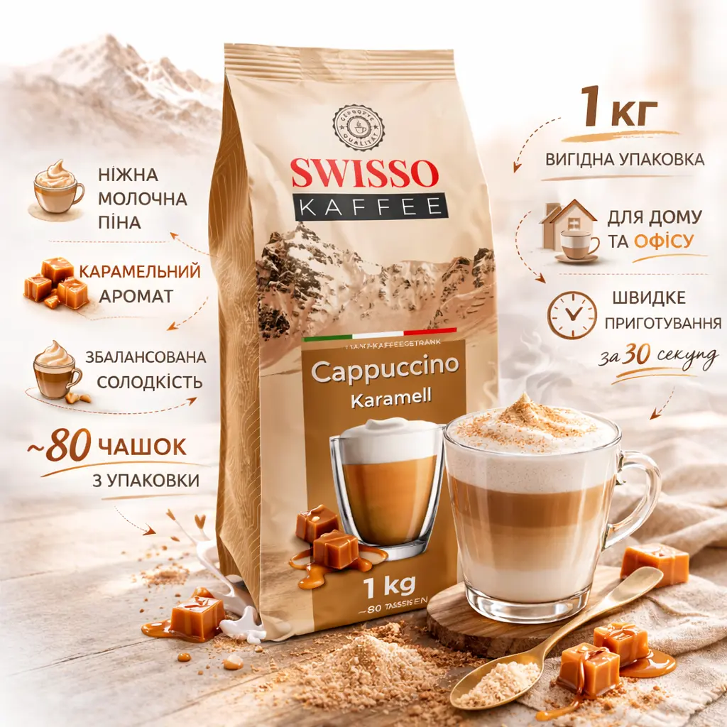Капучино Swisso Kaffee Cappuccino Karamell зі смаком карамелі 1 кг - фото 2