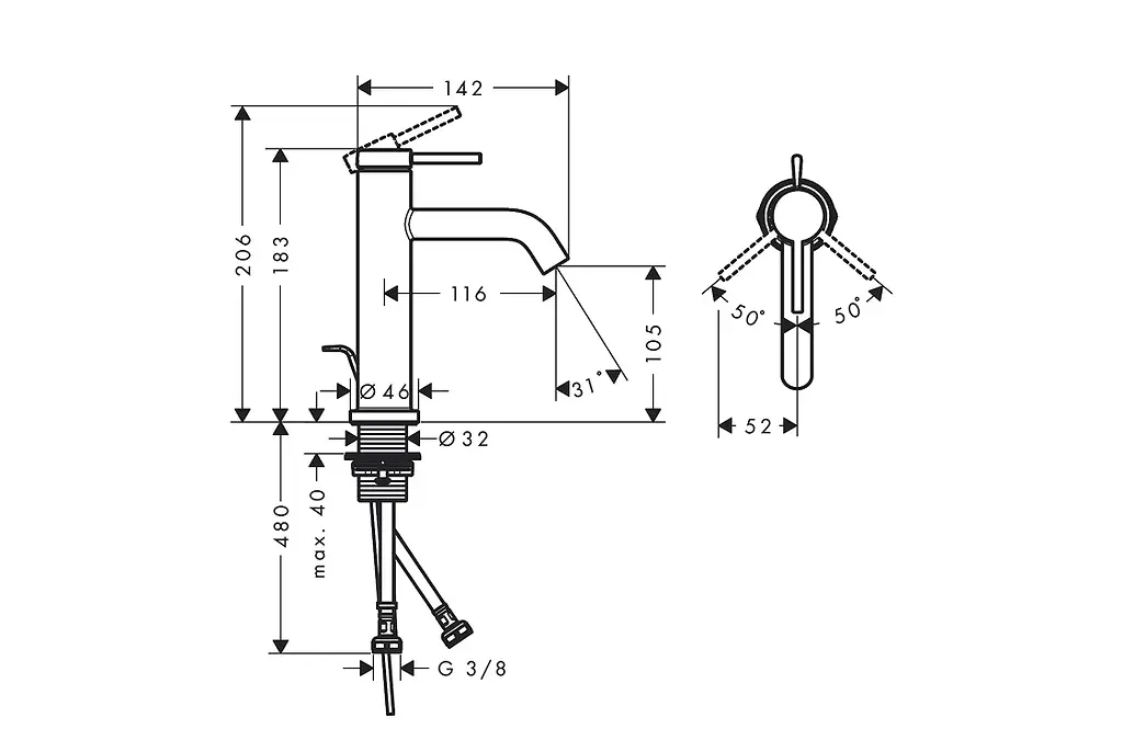Змішувач для умивальника Hansgrohe Tecturis S EcoSmart+ з донним клапаномushed black chrome 73310340 - фото 2