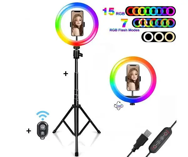 Студійна 360 ° світлодіодна LED лампа зі штативом No Brand LIVE LIGHT RGB MJ38 діаметр - 38см - фото 3