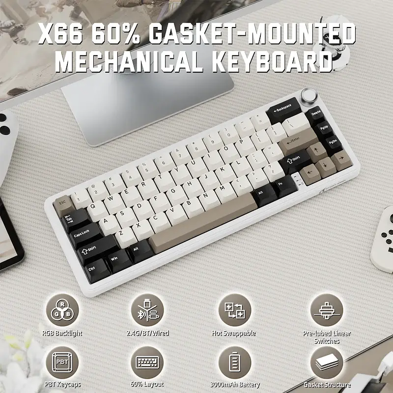 Игровая механическая клавиатура Attack Shark X66 / 60% / Три режима подключения / Strawberry Switch / Brown - фото 2