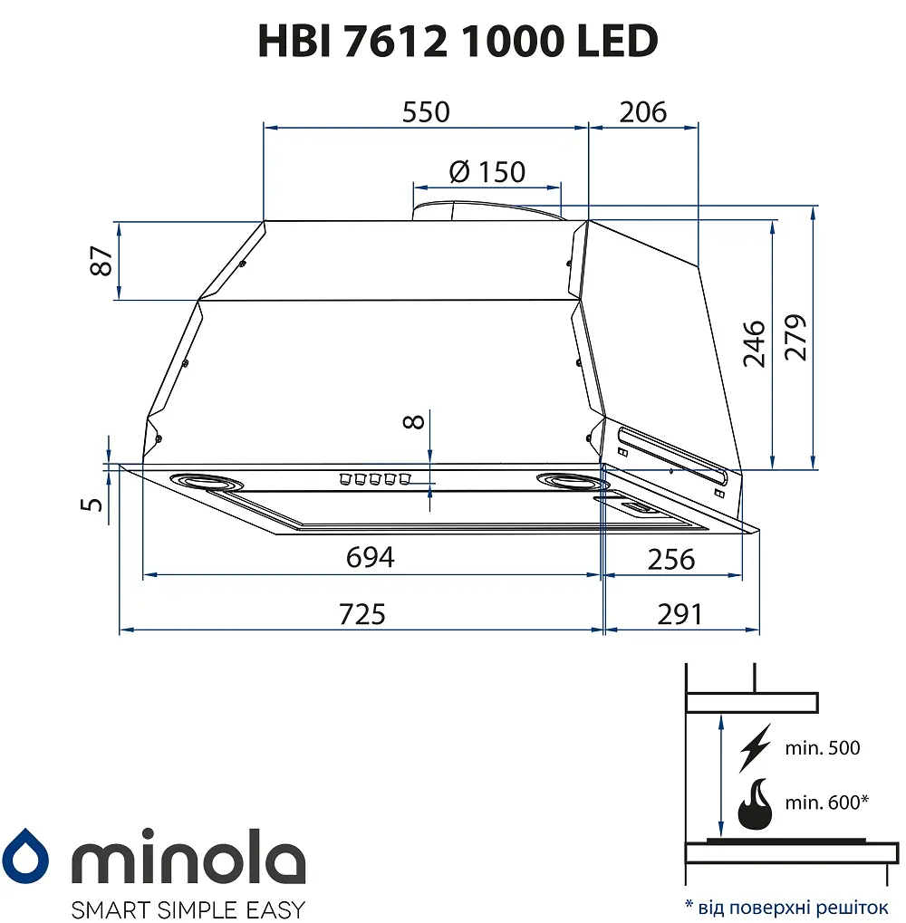 Витяжка повновбудована Minola HBI 7612 I 1000 LED - фото 10