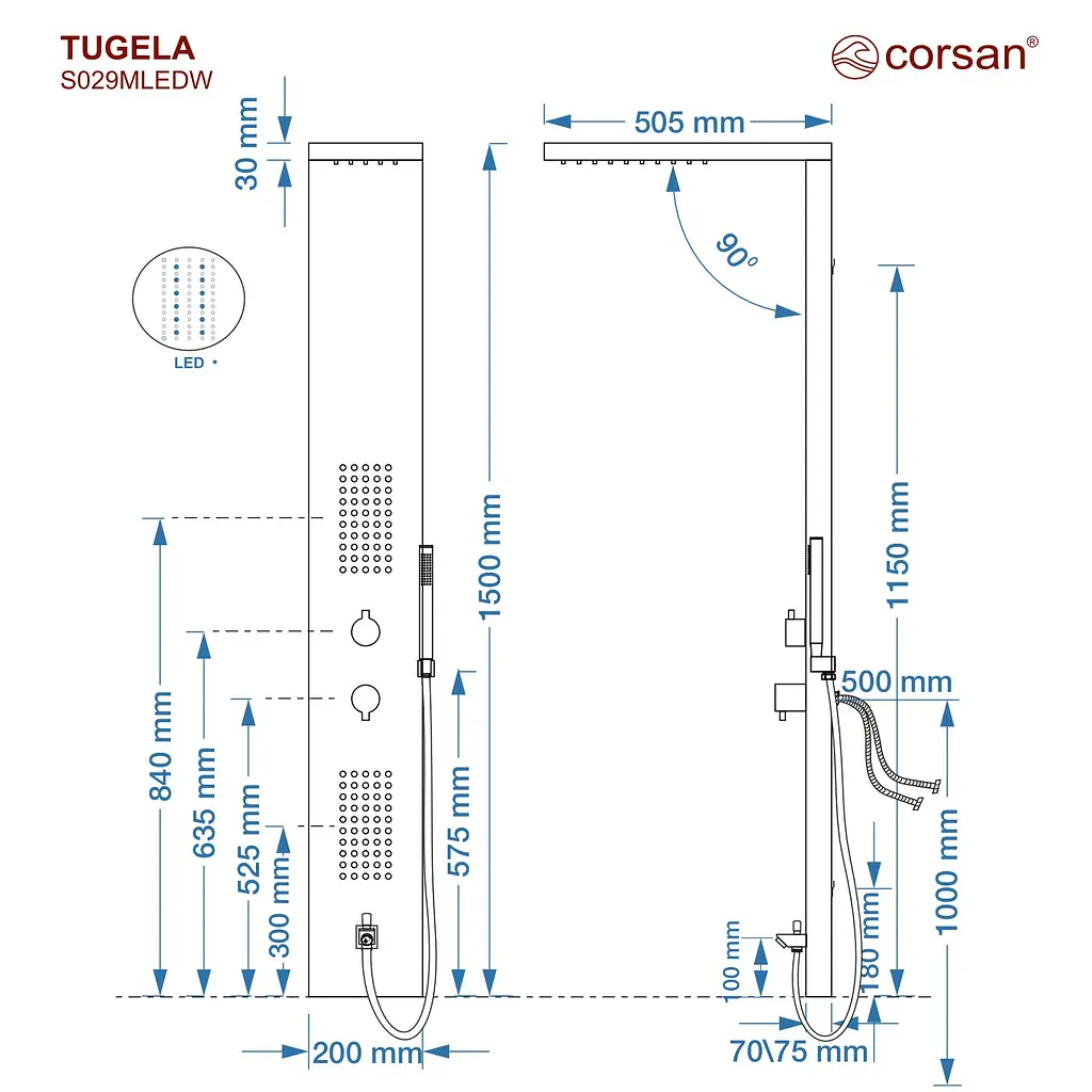 Душова панель Corsan Tugela black LED з виливом S029MBLLEDW, Чорний матовий - фото 6