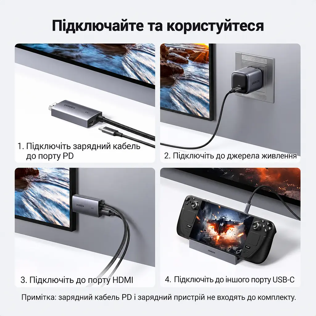 Відеокабель UGREEN CM675 USB-C - HDMI 4K 60 Гц PD 100 Вт 2 м сіро-чорний (55330) - фото 4