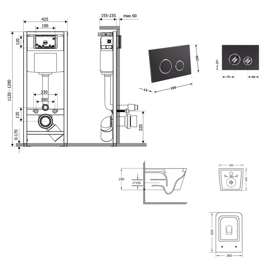 Набір Q-tap Nest 4 в 1 підвісний унітаз Crow Ultra Quiet 520x360x290 + комплект інсталяції QT05335172W48193 - фото 8