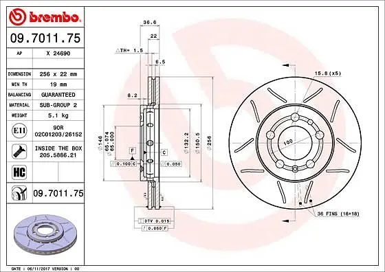 Диск гальмівний вентильований Skoda Fabia I-III, Rapid, Octavia I 96-25р Brembo (09.7011.75) - фото 2