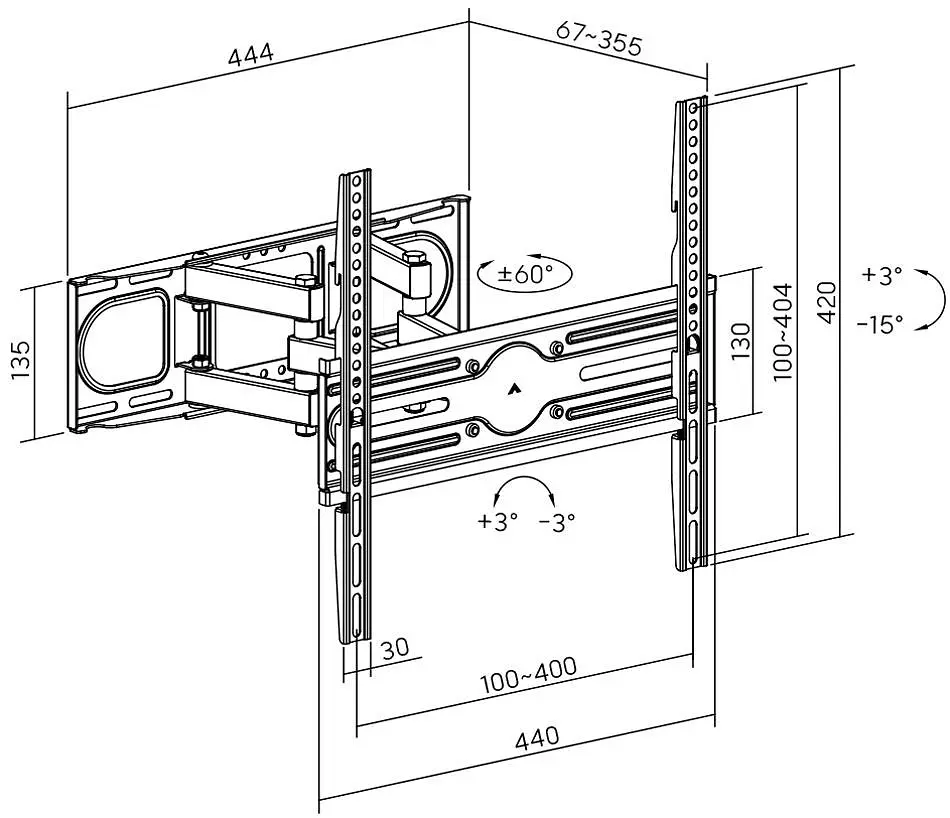 Кронштейн для ТВ AGN AGN70-442P з поворотом/два коліна/32"-70"/40 кг/max.VESA 400x400/Чорний - фото 10