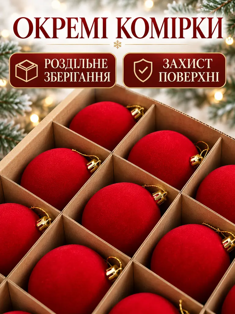 Набір новорічних оксамитових іграшок на ялинку "Шарм" 18 куль червоний - фото 7