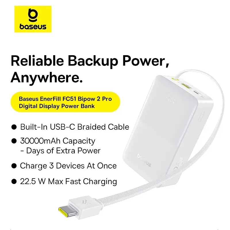 Батарея Baseus EnerFill FC51 Bipow 2 Pro 22.5W 30000mAh White (E0028101) - фото 4