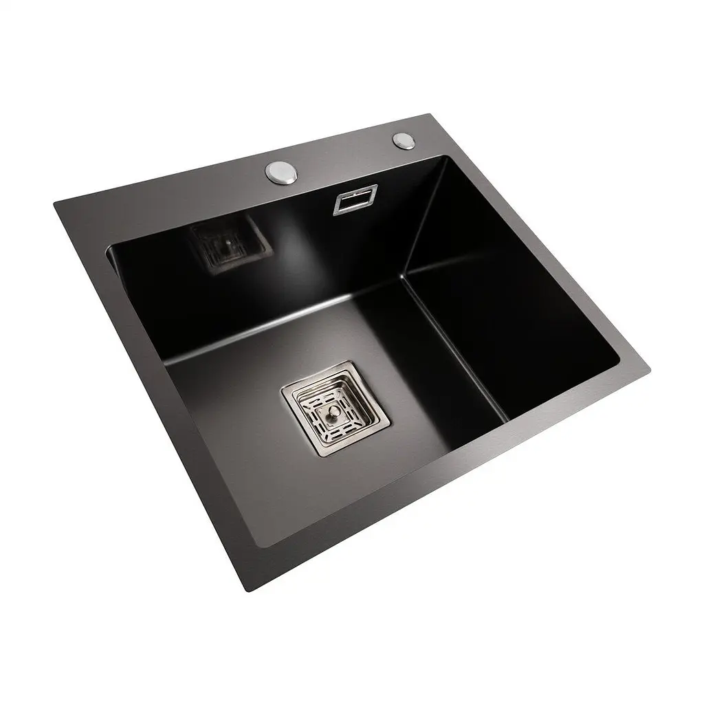 Кухонна мийка Platinum Handmade HSBB з нержавіючої сталі 3.0 мм квадратний сифон 50x45x23 см чорна - фото 2
