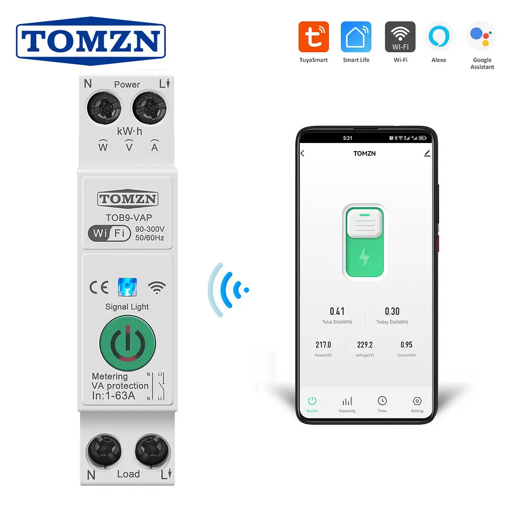 Розумний автоматичний вимикач Tuya Wi-Fi із захистом TOMZN TOB9-VAP 1P+N 110/220V 1–63A Цифрове реле з лічильником (19645)
