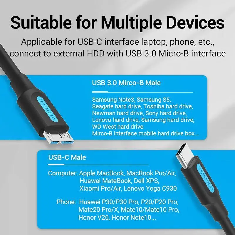 Кабель Vention USB 3.0 C Male to Micro-B Male 2A Cable 0.5M Black (CQABD) - фото 8