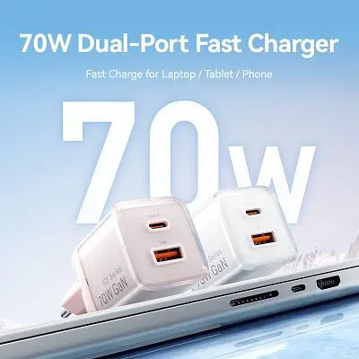 Зарядний пристрій Vention 1xUSB-C PD70W + 1xUSB QC3.0 22.5W GaN transparent gray (FCGH0-EU) - фото 2
