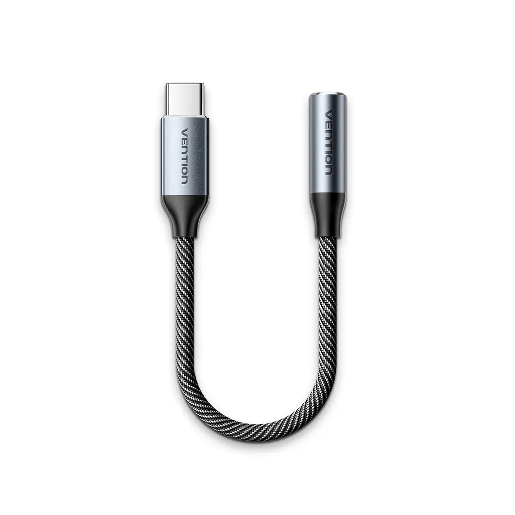 Аудіоадаптер Vention зі штекера USB-C на гніздо 3,5 мм з ЦАП DAC 16 біт 48 кГц з підтримкою дзвінків через гарнітуру TRRS з підтримкою пульта гарнітури залежно від телефона для навушників TRS та гарнітур OMTP і CTIA з бавовняним обплетенням кабелю з кабелем 0,15 м сірий (BIMHB)