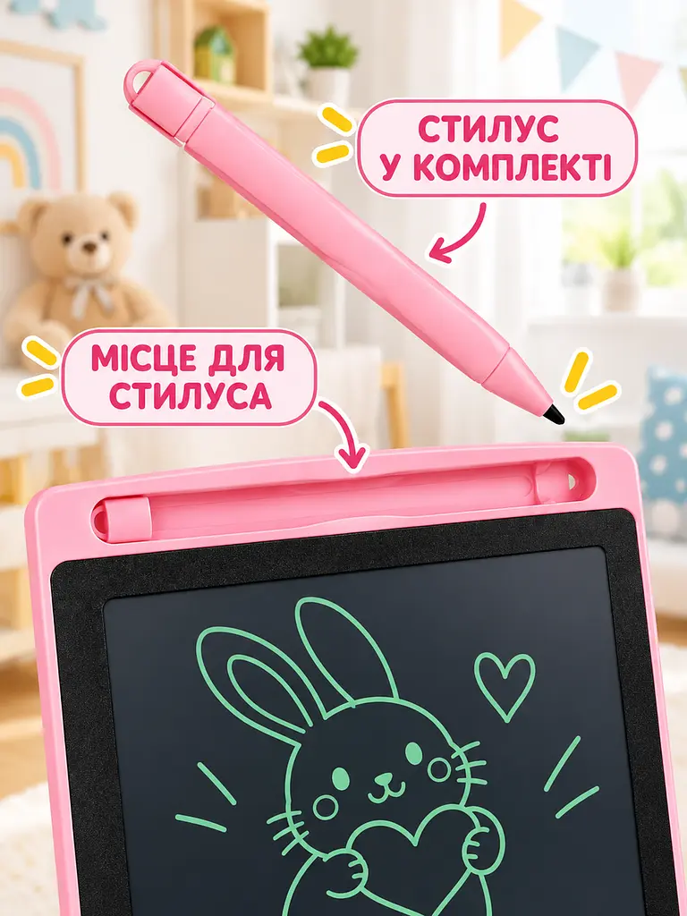 Дитячий графічний LCD планшет дошка для малювання та записів 10" + стилус, рожевий (50300102233) - фото 4