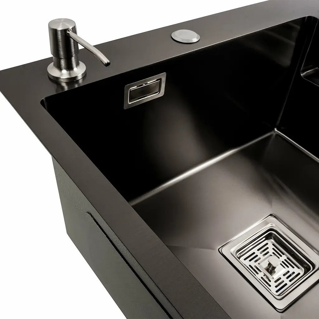 Кухонная мойка 78x50С L PVD черная Platinum Handmade (углубленная полка, 3.0/1.0 мм), Черный - фото 8