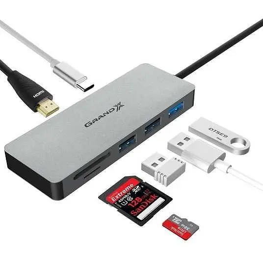 Хаб - Концентратор - адаптер Grand-X SG-512 USB TypeC to HDMI / 3xUSB / Type-C / Card-Reader Сріблястий