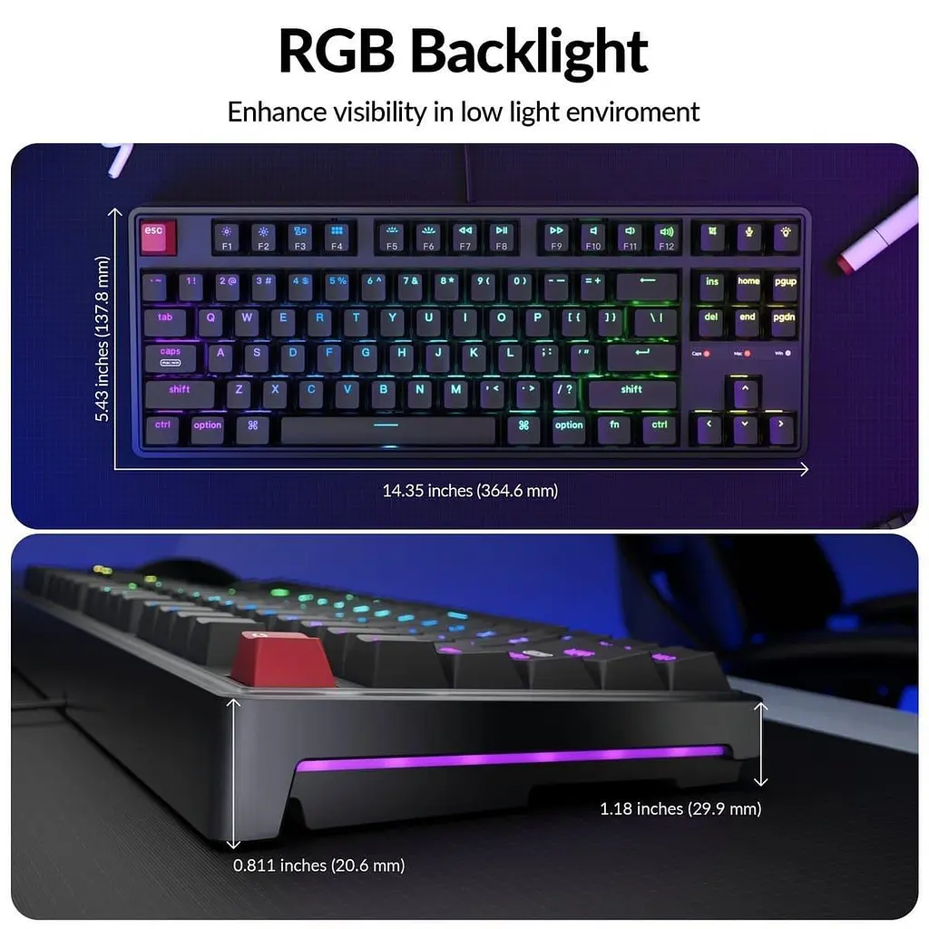 Клавіатура Keychron C3 Pro V2 87Key K pro Brown USB-A QMK Hot-swap 8K EN/UKR RGB Black (C3PX-H3-UA) - фото 7