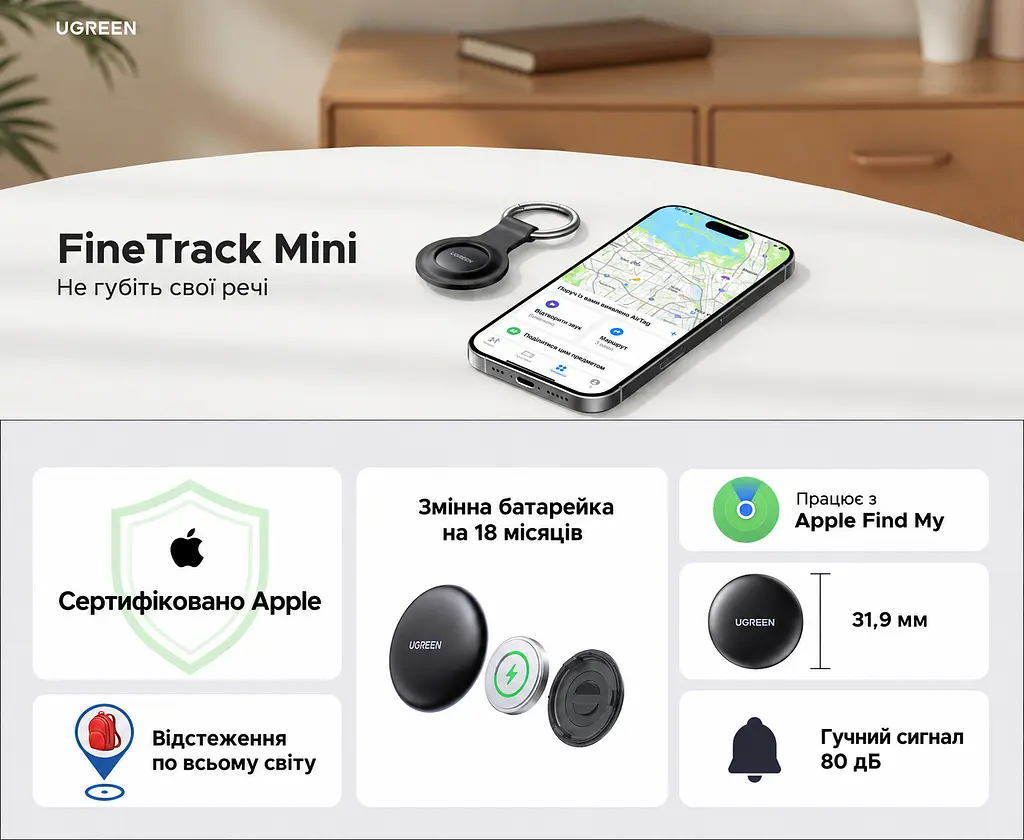 Трекер для пошуку речей UGREEN FineTrack Mini CM520 AirTag пошукова мітка Bluetooth 5.2 Apple Find My для iPhone та iPad без підтримки Android звуковий пошук 80 дБ сповіщення про залишені речі спільний доступ з iOS 17.0 або новішою можливість увімкнути сповіщення про повторне виявлення зі змінною батарейкою CR2032 чорний (60387) - фото 2