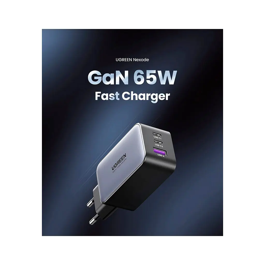 Зарядний пристрій Ugreen 2xUSB-C + 1xUSB 65W GaN gray (10335) - фото 2
