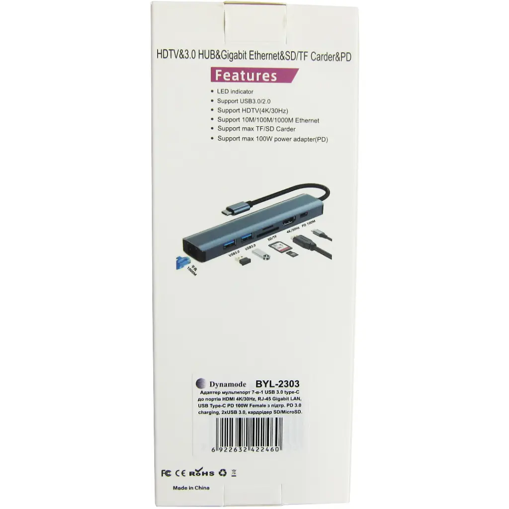 Концентратор Dynamode 7-in-1 USB-C to HDTV 4K/30Hz, 2хUSB3.0, RJ45, USB-C PD 100W, SD/MicroSD (BYL-2303) - фото 12