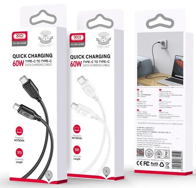 USB Кабель XO NB-Q236B Type-C-Type-C Braided 60W 5A 1.0m Білий - фото 2