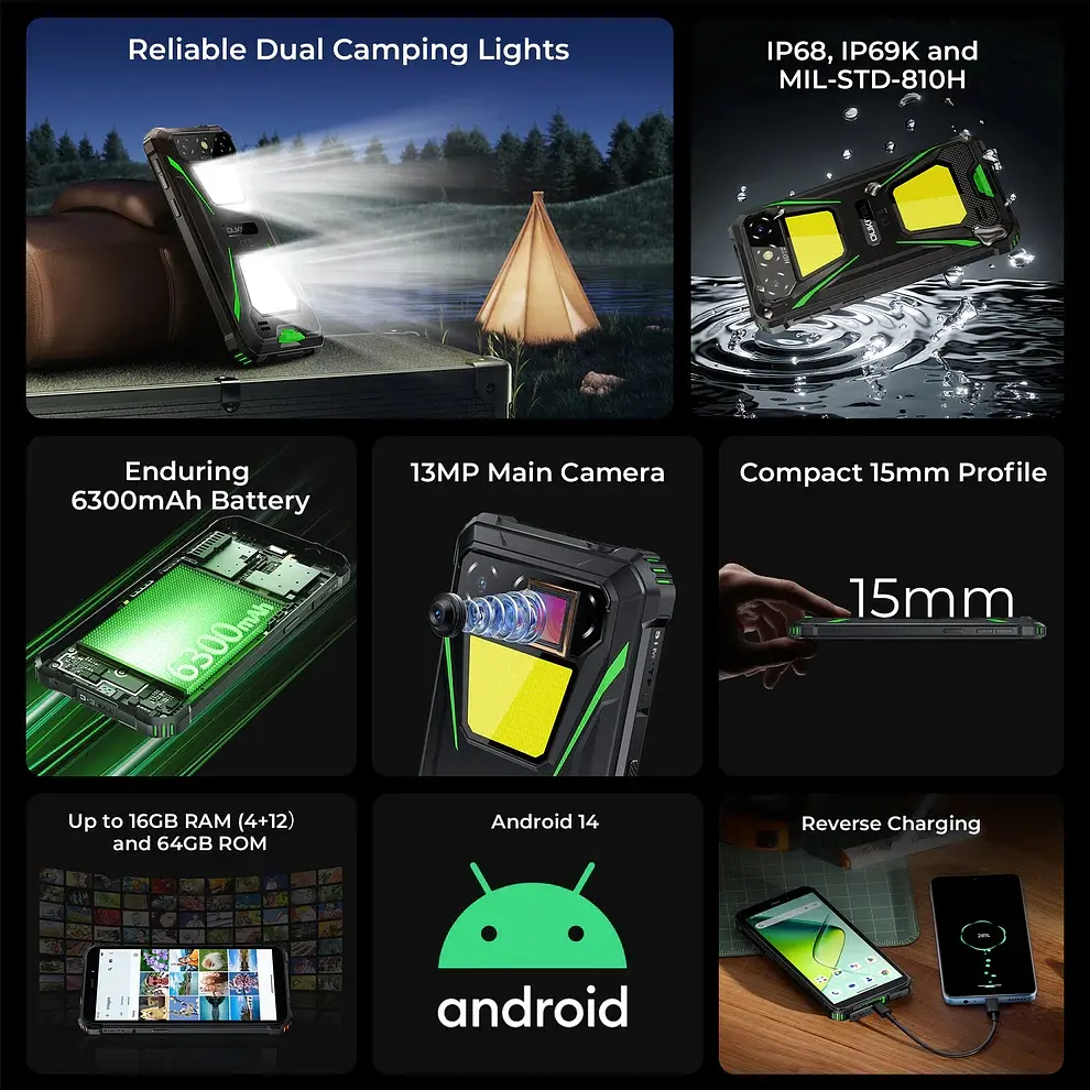 Смартфон Oukitel G5 6" HD+ /4GB/256GB T310 /6300mAh /Ліхтар/13+5Мп/ IP69K/Green - фото 6