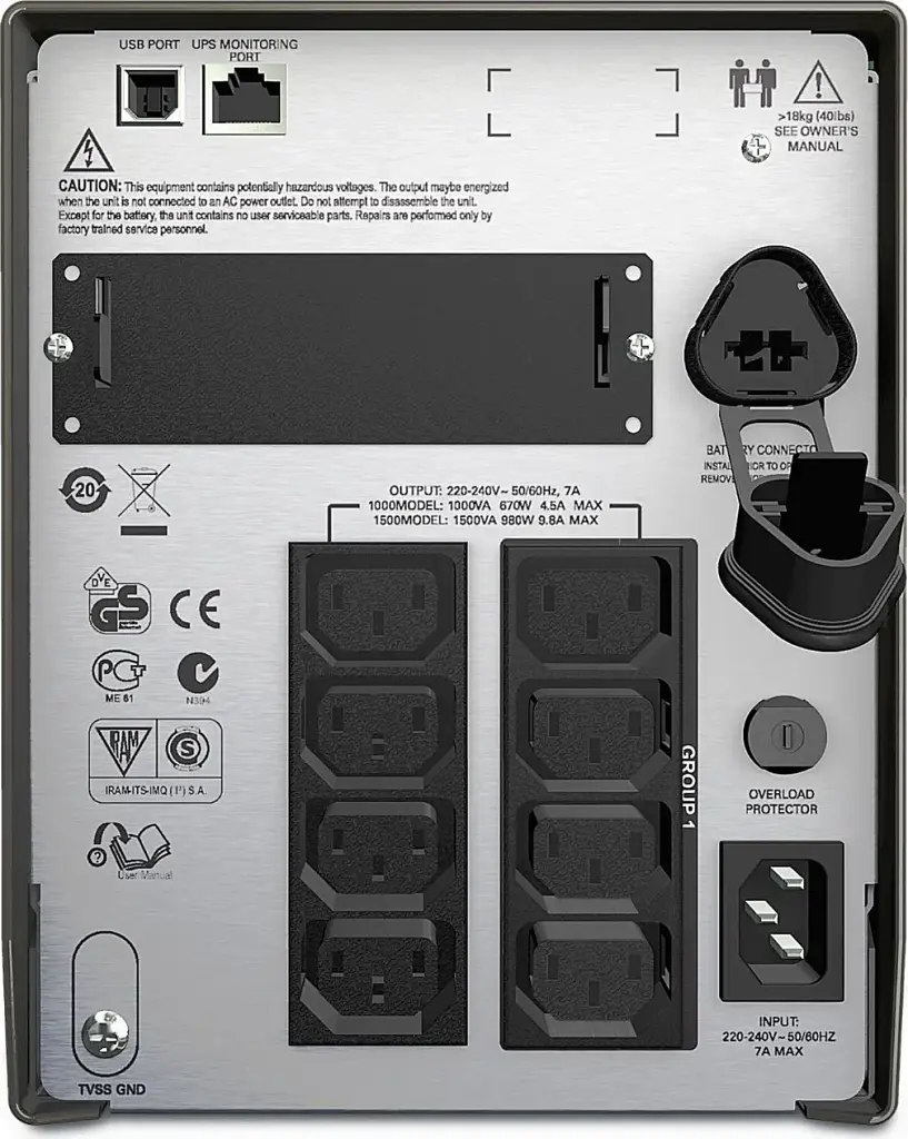 Джерело безперебійного живлення APC Smart-UPS 1500VA LCD, Lin.int., AVR, 8 х IEC, SmartSlot, USB, RJ-45, метал (SMT 1500I) - фото 4
