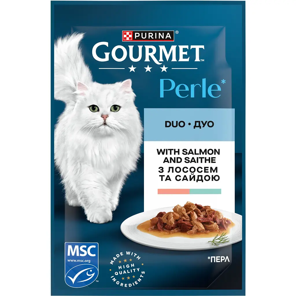 Вологий корм для котів Gourmet Perle Duo міні філе з лососем та сайдою у підливці 85 г - фото 2